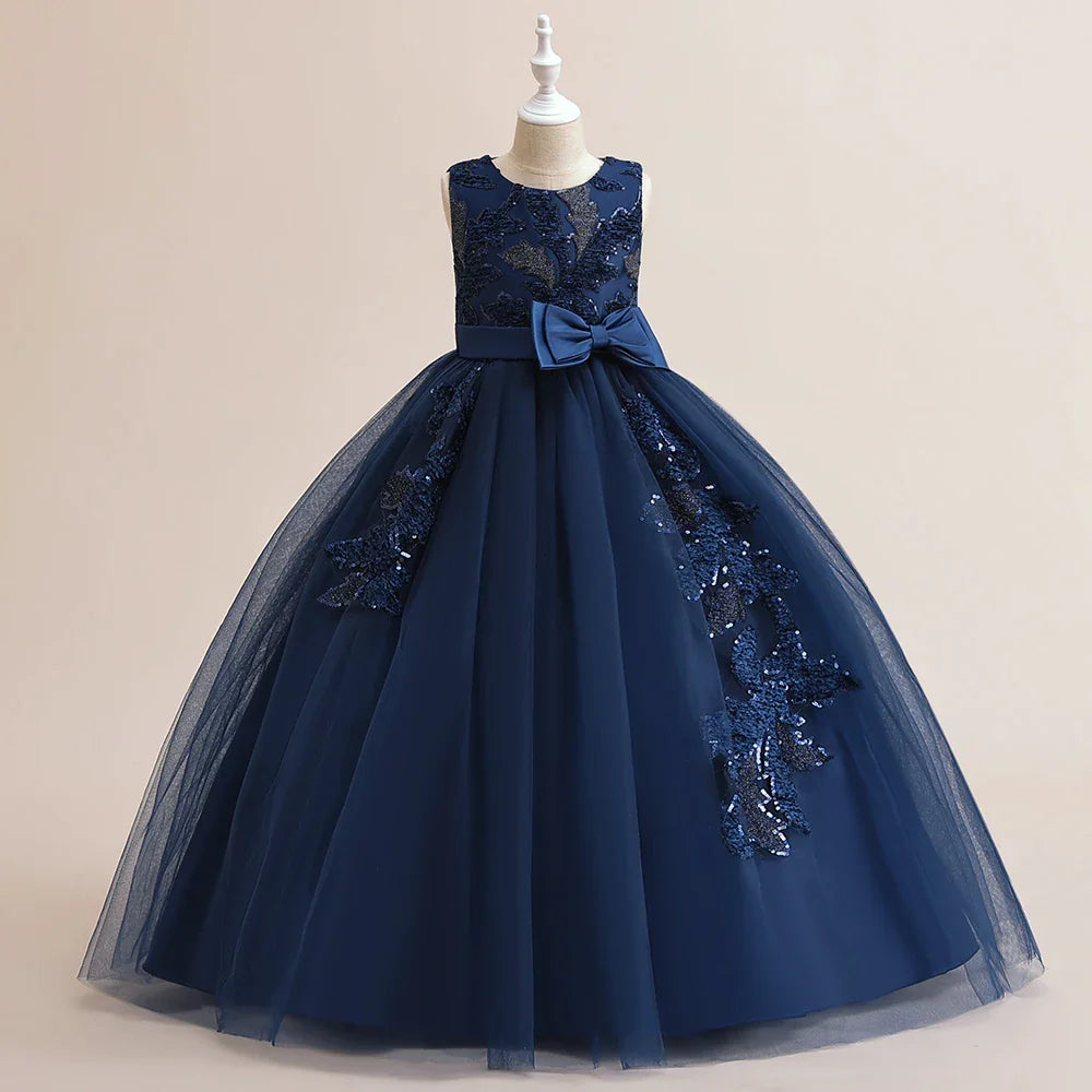 Elegant Party Bridesmaids Girls Dresses Summer Bow Flower Wedding Princess Prom Dress for Girl Tulle Evening Christmas Costumes