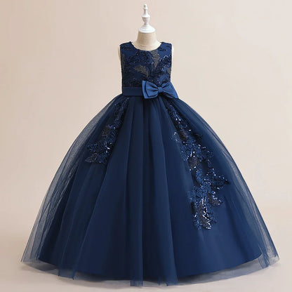 Elegant Party Bridesmaids Girls Dresses Summer Bow Flower Wedding Princess Prom Dress for Girl Tulle Evening Christmas Costumes