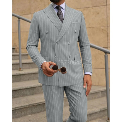 2 Piece Brown Striped Men Suits Slim Fit Peak Lapel Double Breasted Blazer Wedding Groom Tuxedos Business Suits(Jacket+Pants)
