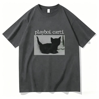 Summer Playboi Carti Hip-Hop T Shirt Cute Cat Harajuku Print Tee Regular Men's Clothing Tops Quality Rapper 2026 New T Shirt