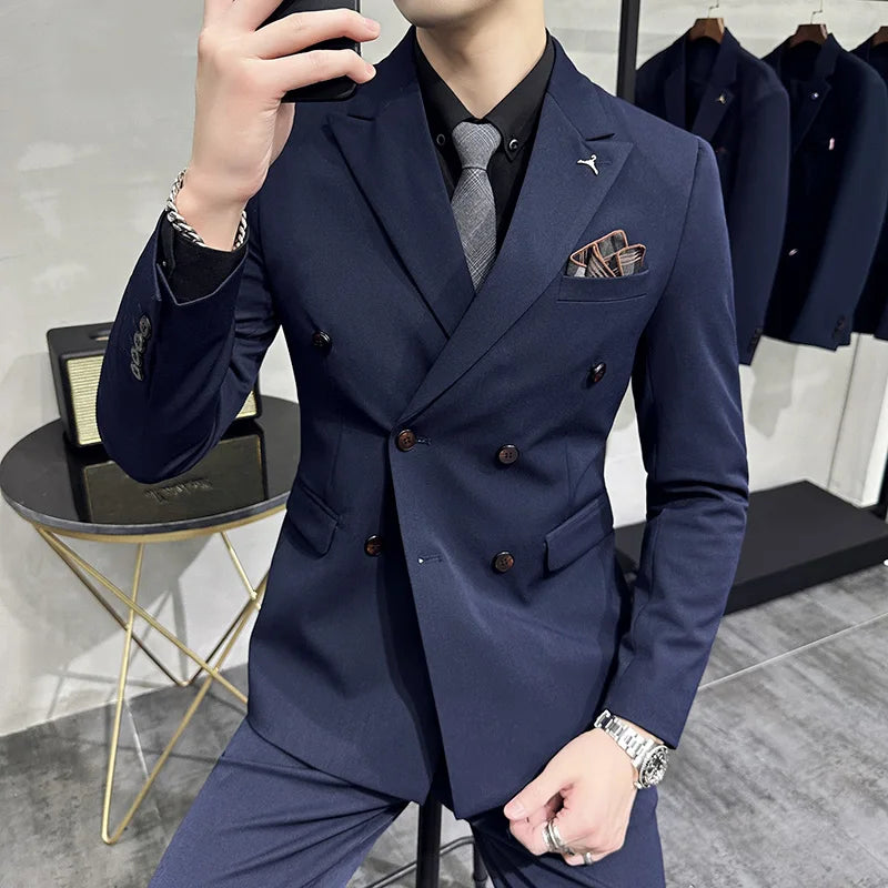 ( Blazers + Pants ) Boutique Fashion Solid Color Double-breasted Men's Casual Business Slim Suit 2-piece Set Groom Wedding Dress
