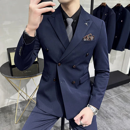 ( Blazers + Pants ) Boutique Fashion Solid Color Double-breasted Men's Casual Business Slim Suit 2-piece Set Groom Wedding Dress