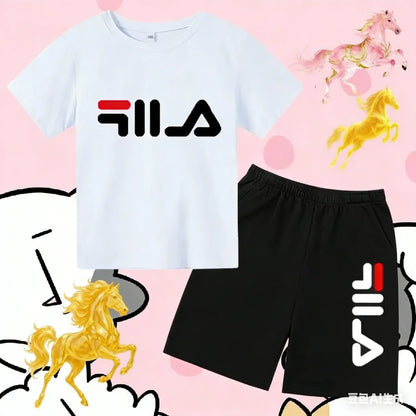 Kids Gift Sports Short-Sleeved Round Neck Black Letters Fashion White T-shirt+Shorts Summer Boy Girl Casual Outdoor Jogging Suit