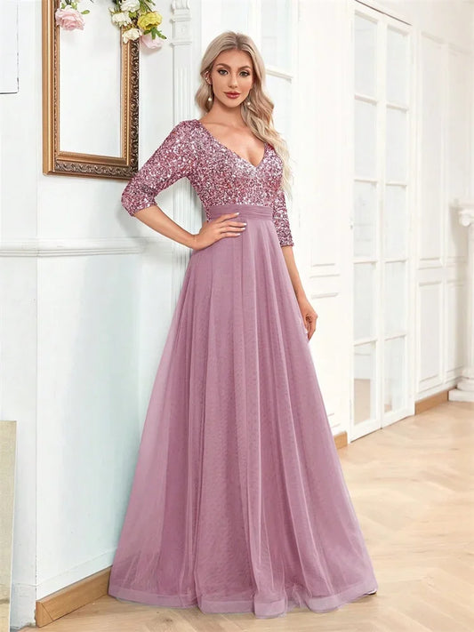 Luxury Sequin V-Neck Evening Dress Women Elegant Tulle Party Maxi Dress Short Sleeves Prom Floor Length Graduation Cocktail Gown