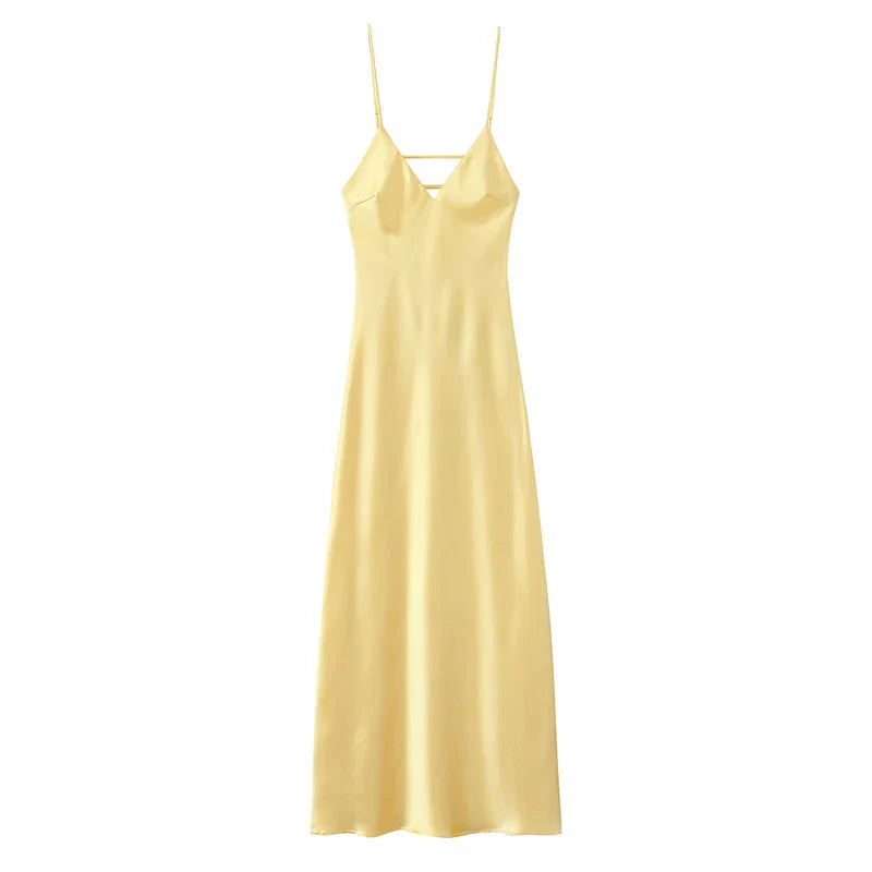 Yellow Dresses Women Satin V Neck Midi Dress Summer Backless Strap Slip Dresses Elegant Evening Party Dress 2025 Vestidos
