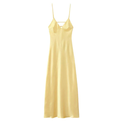 Yellow Dresses Women Satin V Neck Midi Dress Summer Backless Strap Slip Dresses Elegant Evening Party Dress 2025 Vestidos