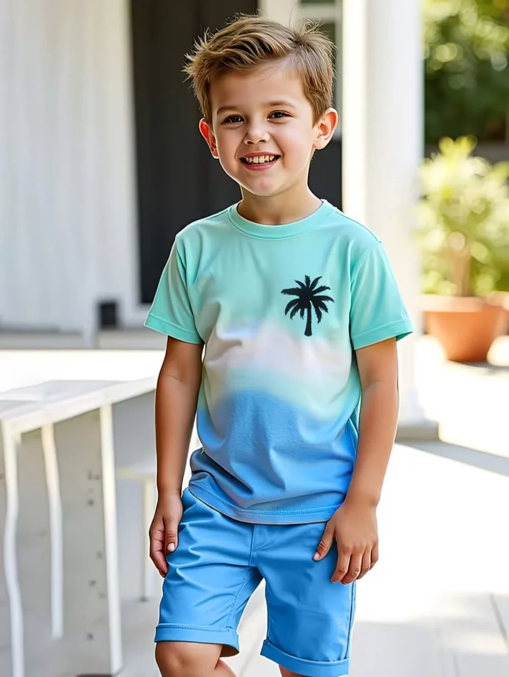Boys Loose Casual Sets Summer Teen Gradient T-Shirts Shorts 2PCS Big Kids Sport Short Sleeve Clothes Suits Children Print Outfit