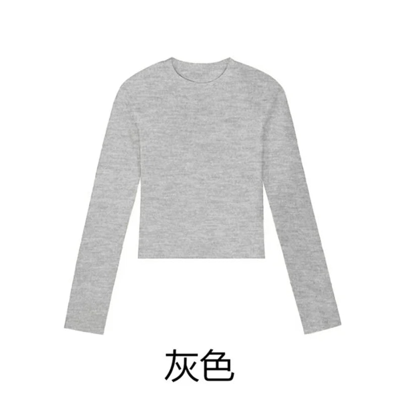 Camisa Feminina Gola O Manga Longa de Algodão Sexy Cropped Tops Outono 2025 Preta Casual Skinny Slim Básica Camisetas Femininas Roupas Brancas