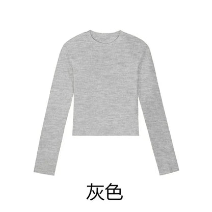 Camisa Feminina Gola O Manga Longa de Algodão Sexy Cropped Tops Outono 2025 Preta Casual Skinny Slim Básica Camisetas Femininas Roupas Brancas