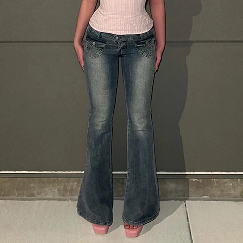 Basic Pockets Women Jeans Casual Vintage Washed Denim Flare Pants Streetwear Slim Jeans Spring Summer All-match Bottoms