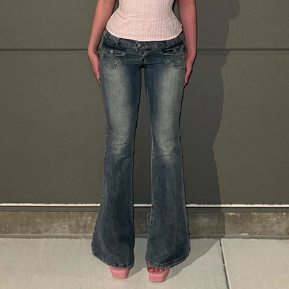 Basic Pockets Women Jeans Casual Vintage Washed Denim Flare Pants Streetwear Slim Jeans Spring Summer All-match Bottoms