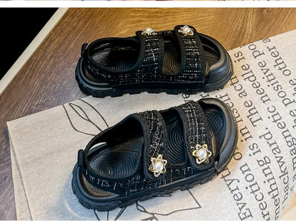 2025 Nice Straw Children Sandals New Arrivals Girls Appliques Metal Decos Sandals for Kids Girl Anti-kick Toe Beach Shoes I03242