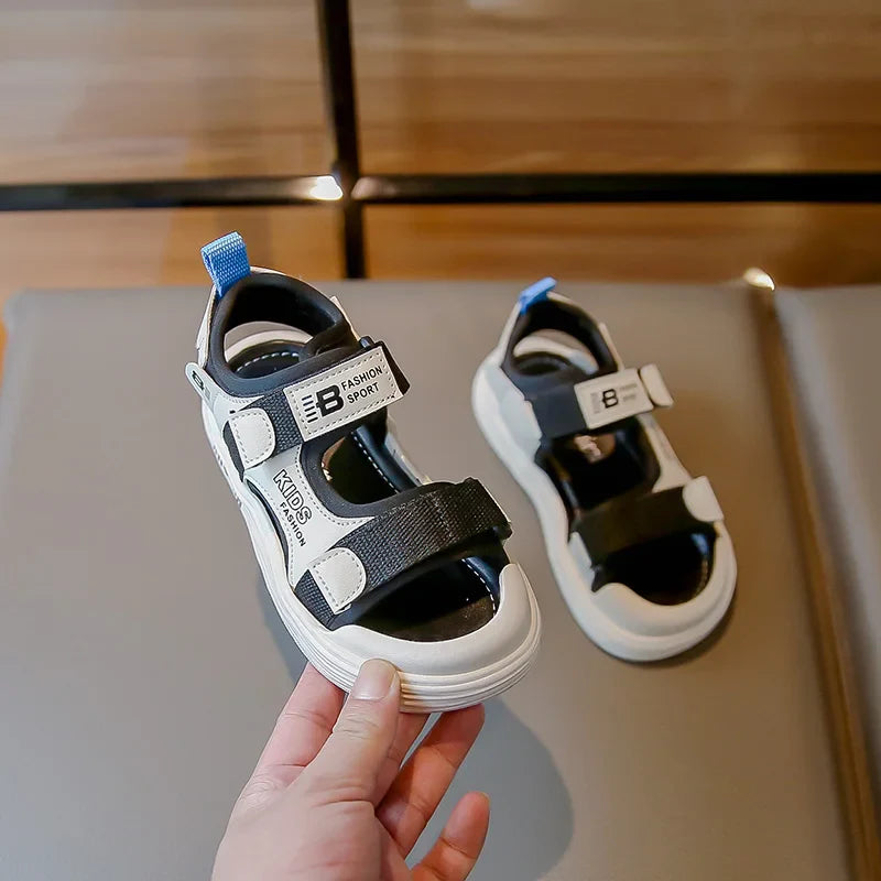 Kids'Casual Shoes Sandals PU Leather Summer Shoes For Beach Anti-slip Hook and Loop Boys Soft Bottom Beige Black Shoes Size 26-3