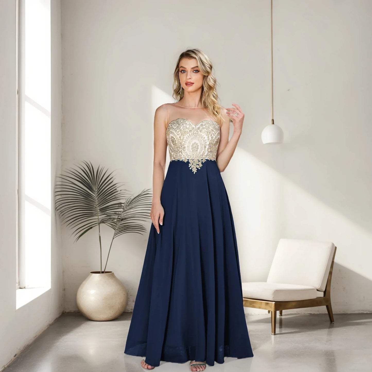 Elegant Sweetheart Prom Dress with Gold Embroidered Bodice & Flowing Chiffon Skirt for Homecoming & Formal Events