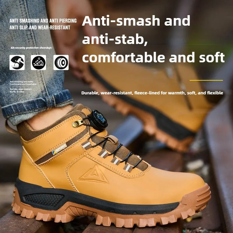 Brown Waterproof Safety Boots Men Indestructible Steel Toe Work Boots Anti-smash Stab-resistant High-top Knob Adjustable