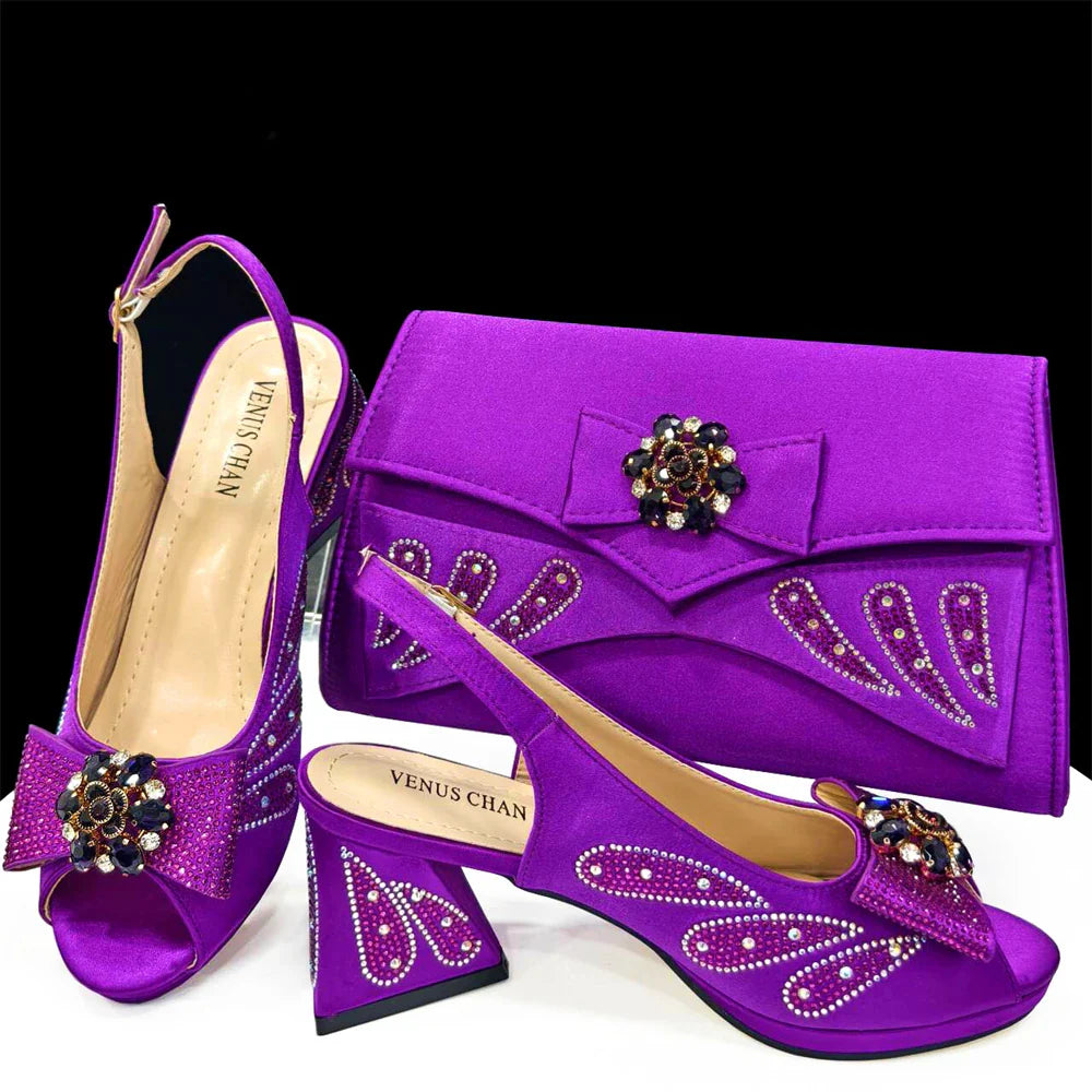 Italian Shoes and Bags Matching Set for Women Bow Rhinestones Peep Toe High Heels Purple Color Nigerian Party 2024
