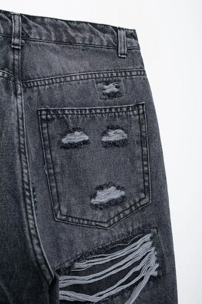 Women's Street Fashion Denim Blue Jeans Distressed Patchwork High Waist Zipper Fly Ripped Retro Long Pants