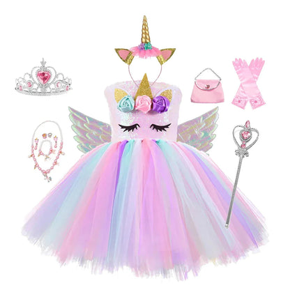 Vestidos de Unicórnio Princesa para Meninas, Trajes Tutu, Flores em Tons Pastel, Vestidos de Aniversário para Bebês, Tule, Fantasias Infantis para Halloween e Cosplay