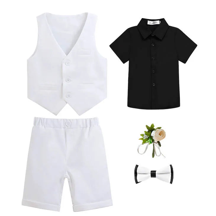 Children Boy Summer Cool Green Suit Kids Boys Vest Shirt Shorts Bowtie Ceremony Costume Formal Boys Breathable Slim Wedding Suit