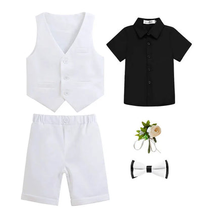 Children Boy Summer Cool Green Suit Kids Boys Vest Shirt Shorts Bowtie Ceremony Costume Formal Boys Breathable Slim Wedding Suit