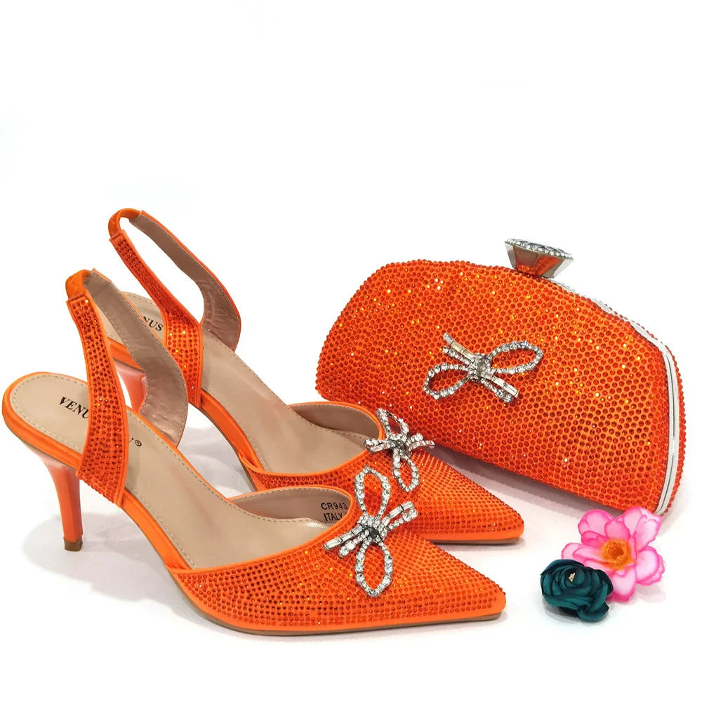 Pointed Toe Ladies Sandal Shoes Matching Bag Set in Gold Color For Nigerian Women Wedding