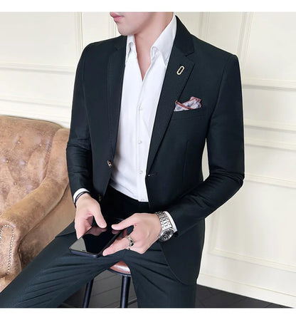 Men's Korean Style Slim Fit Suit Set, High Quality Fabric Solid Color Edge Pressing for Wedding Business