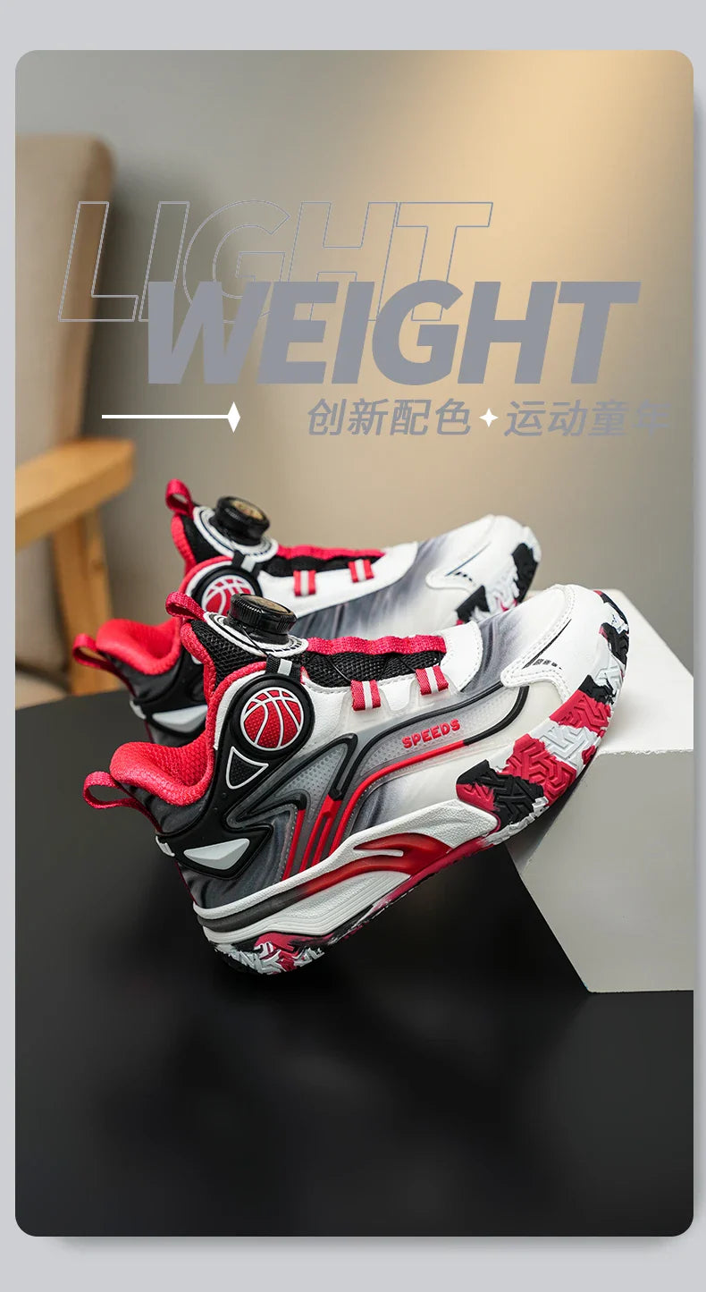 Children's basketball shoes boys' waterproof leather surface rotating buckle anti-slip and shock-absorbing student sports shoes
