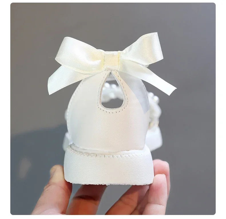 Children's Sandals Summer Bowtie Princess Shoes for Girls Fashion Sweet Kids Causal Pearl Roman Sandals Solid Color Hook Loop