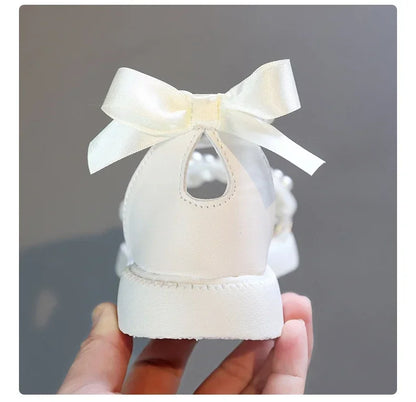 Children's Sandals Summer Bowtie Princess Shoes for Girls Fashion Sweet Kids Causal Pearl Roman Sandals Solid Color Hook Loop