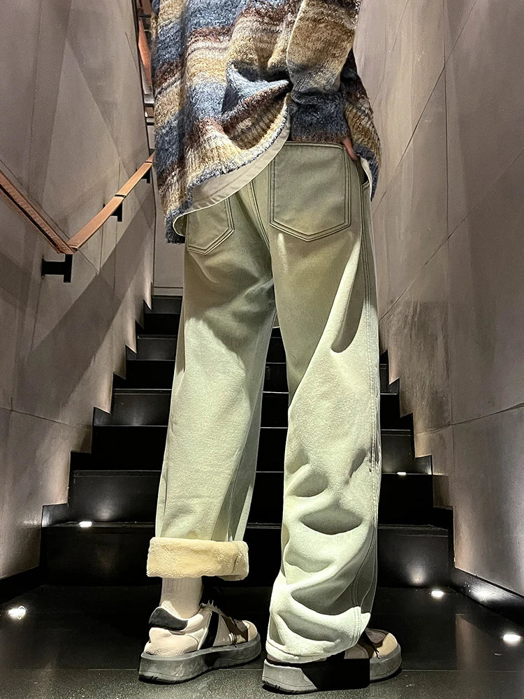 Calça Jeans Masculina de Inverno Coreana Forrada com Lã Grossa Quente Reta Denim Lavado Algodão Azul Retrô Larga Pantalona