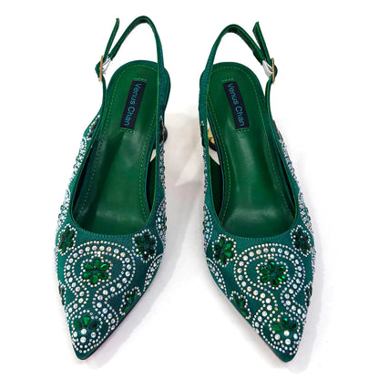 2024 Summer New Design Specials Italian Women Shoes and Bag Set in Royal Green Color Comfortable Heels With Rhinestone for Party