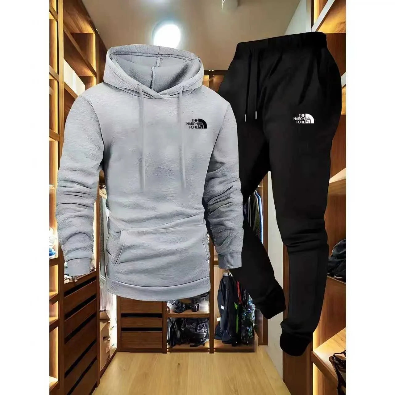 Men's Autumn and Winter Pattern Casual Two-Piece Set Hooded Sweatshirt and Pants with Pockets Regular Fit Outdoor Sport Suit