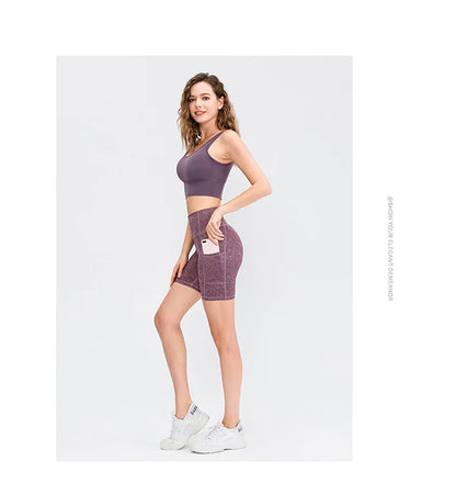 Women's printed nude yoga shorts with pockets skin-friendly tight stretch quick-drying sports fitness hiking running shorts