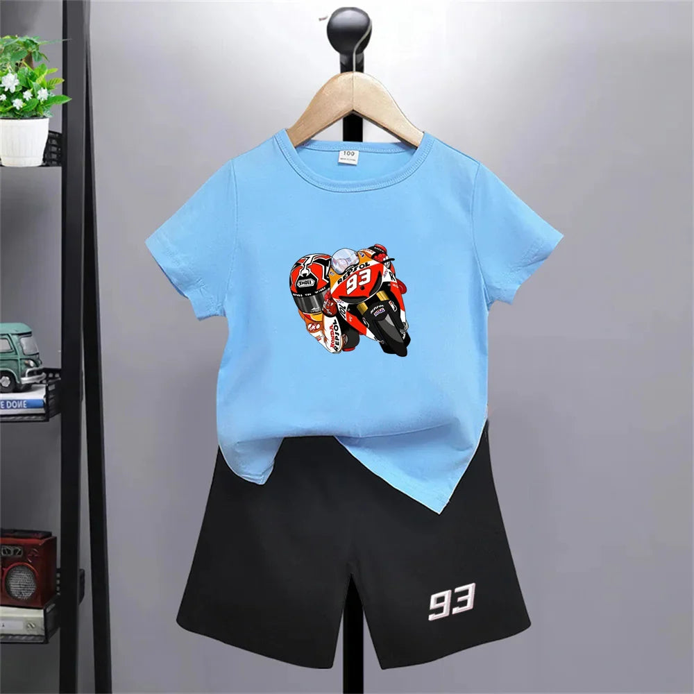 Summer red Short Sleeve T Shirt +shorts 2 Piece Motorcycle race car number 93 Children Clothes Casual Boy Girl Kid Tracksuit