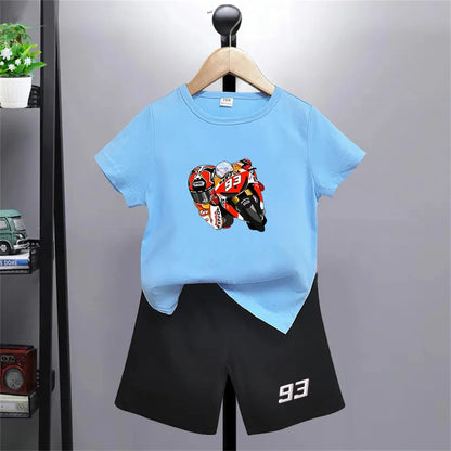 Summer red Short Sleeve T Shirt +shorts 2 Piece Motorcycle race car number 93 Children Clothes Casual Boy Girl Kid Tracksuit