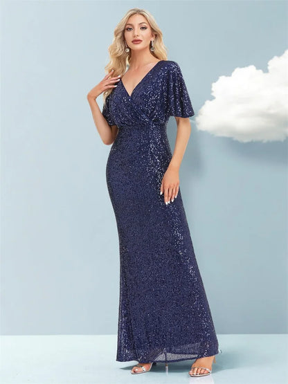 Women Elegant V-neck Luxury Evening Dress Sexy Sequin Mermaid Dress Floor Lenght Prom Blue Party Dress vestido