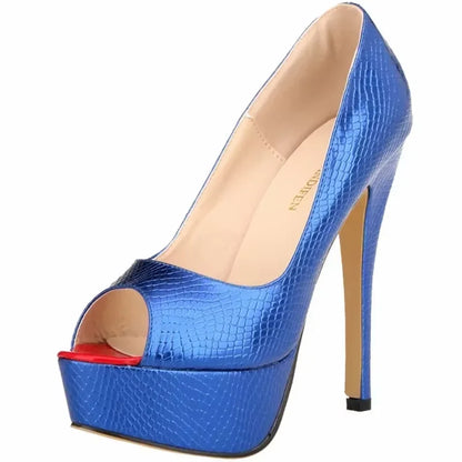 Women Sandals Sexy Pumps Patent Leather Platform Crocodile Pattern 14cm High Heels Peep Toe Stilettos Party Dress Wedding Shoes