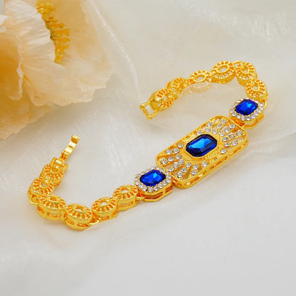 Women Gold Color Jewelry Sets Blue Pendant Necklace Earrings Bracelet Ring Sets Party Gifts