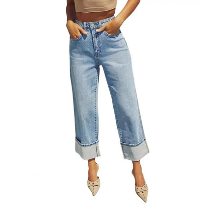 Women Baggy Jeans High Waisted Button up Denim Pants Elastic Cuffed Hem Straight Wide Leg Jeans with Pockets Streetwear