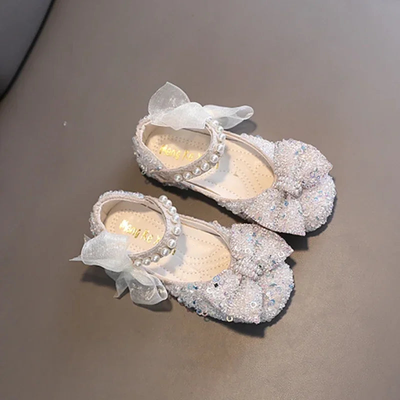 Toddler Girl's Princess Shoes Sequins Lace Bowknot 21-36 Children Mary Janes Three Colors Luxury Trendy Party Kids Shoes Flats