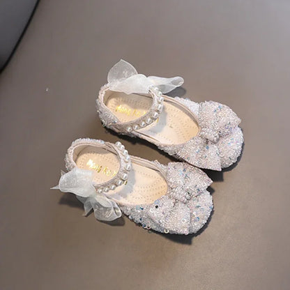 Toddler Girl's Princess Shoes Sequins Lace Bowknot 21-36 Children Mary Janes Three Colors Luxury Trendy Party Kids Shoes Flats