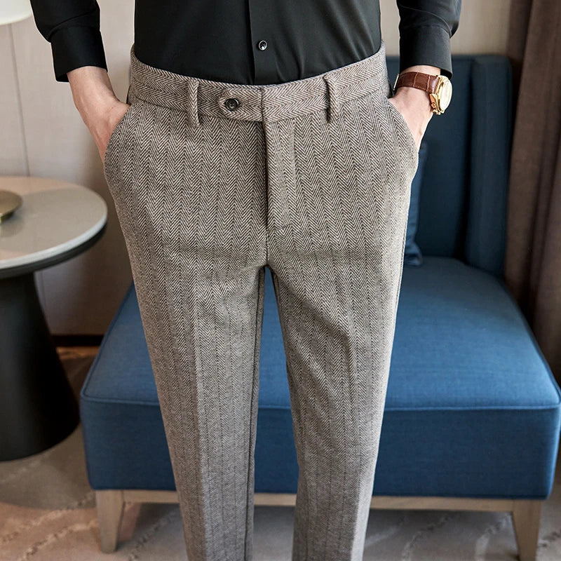 Autumn Winter High Quality Men's Wool Suit Pants Solid Striped Smart Casual Slim Fit Suit Trousers Men Cotton Woolen Dress Pants