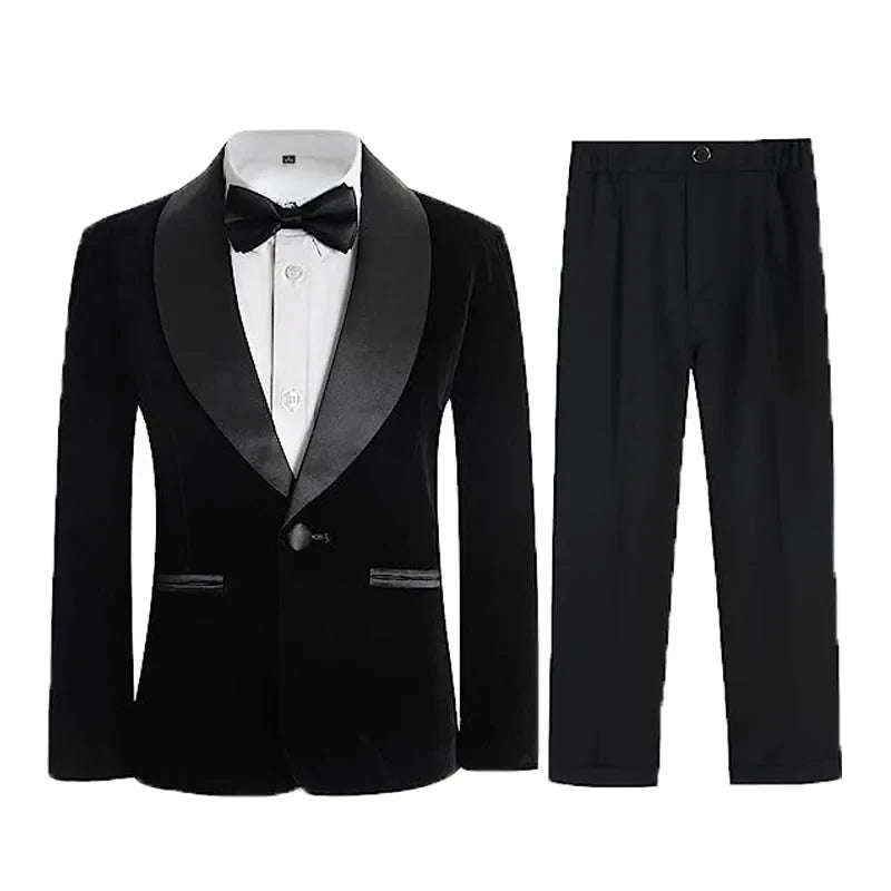 Boys Velvet Blazer Jacket Pants Bowtie 3PCS Photograph Suit Kids 1Year Birthday Dress Children Wedding Performance Evening Set
