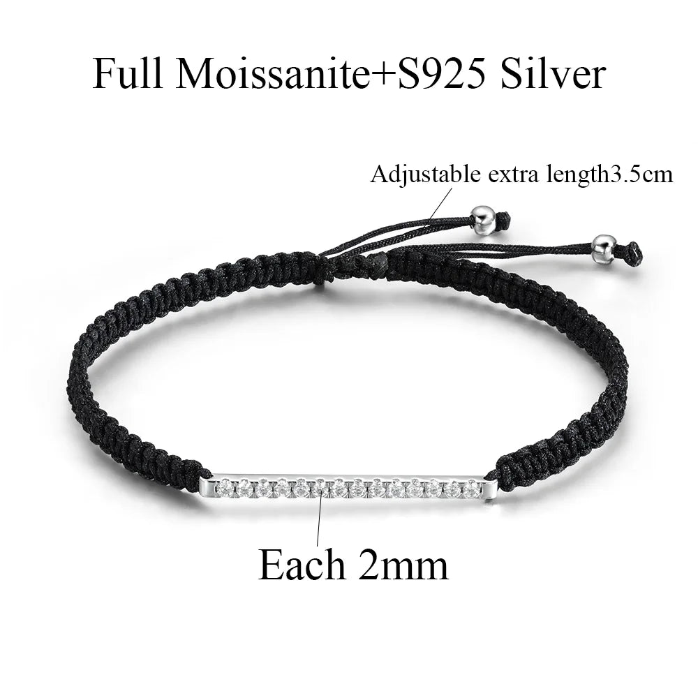2/3mm Full Moissanite Bracelet for Women S925 Silver Lab Diamond Adjustable Braided Rope Chain Party Fine Jewelry Gift