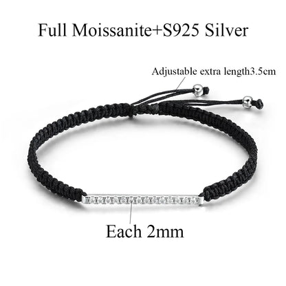 2/3mm Full Moissanite Bracelet for Women S925 Silver Lab Diamond Adjustable Braided Rope Chain Party Fine Jewelry Gift