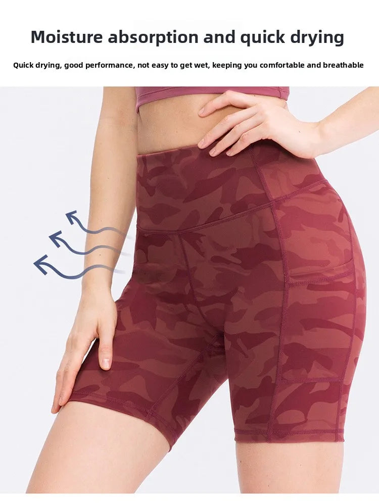 Women's printed nude yoga shorts with pockets skin-friendly tight stretch quick-drying sports fitness hiking running shorts