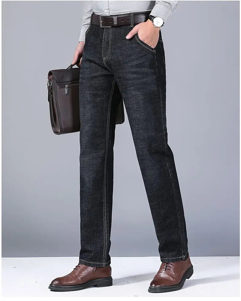 Autumn Spring Business Jeans Men Casual Comfortable Straight Denim Pant Stretch Fashion Classic Soft Premium Blue Black Trousers