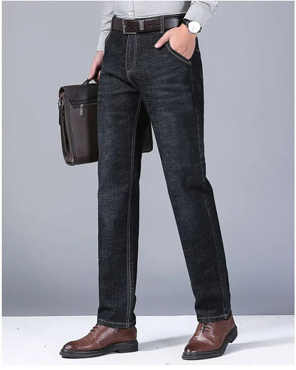 Autumn Spring Business Jeans Men Casual Comfortable Straight Denim Pant Stretch Fashion Classic Soft Premium Blue Black Trousers