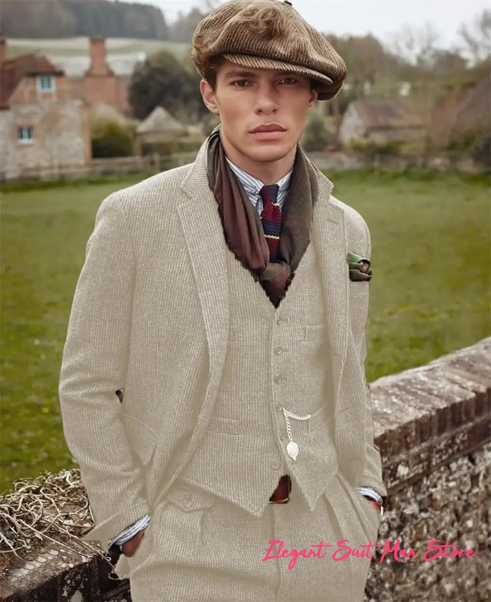 European Retro Wool Blend Men’s 3PC Suit Set Business (Jacket+Pants+Vest)Wedding Part Prom Dinner Wrok Travel Dinner Banquet