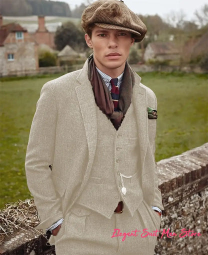European Retro Wool Blend Men’s 3PC Suit Set Business (Jacket+Pants+Vest)Wedding Part Prom Dinner Wrok Travel Dinner Banquet